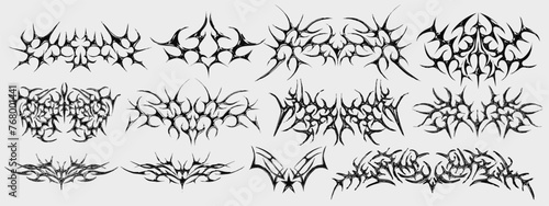 Neo Tribal Tattoo Shapes Collection. Set Of Cyber Sigilism Y2k Streetwear Elements Vector Design. Dirty Death Metal Band Logo Sign. photo