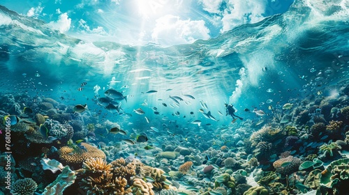 An underwater scene highlighting the beauty of the ocean's biodiversity with coral reefs, marine life, and a group of divers removing plastic waste, showcasing the efforts in ocean preservation.