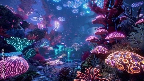 An underwater VR gaming environment  where players navigate through a luminous coral reef teeming with bio-luminescent creatures and holographic elements.