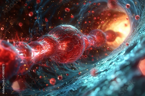 An artistic 3D visualization of blood vessel cells interacting with oxygenated blood, depicting cellular activity in the vascula