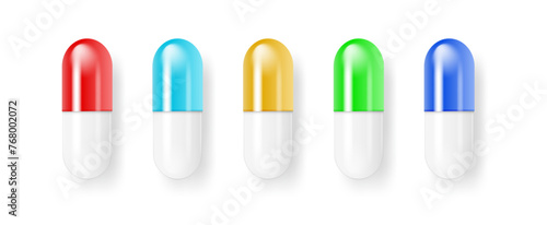 Pills and capsules Medicines tablets, capsules drug of painkillers, antibiotics vitamins. isolated on white background. Vector illustration