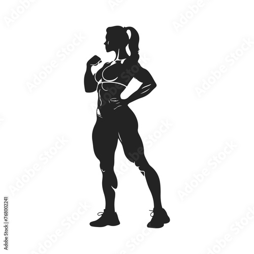 Silhouette of a muscular woman Athletic young woman showing muscles Sports girl. Female bodybuilder silhouette. Bodybuilder woman black icon on white background