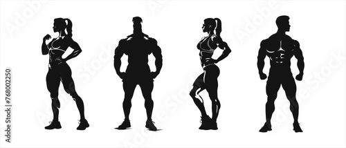 Set Silhouette of a muscular woman and man Athletic young woman showing muscles Sports girl. Female bodybuilder silhouette. Bodybuilder woman black icon on white background