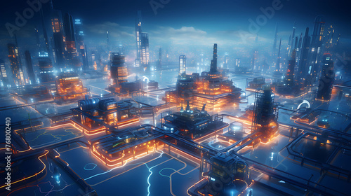 A sprawling industrial complex at night, illuminated by a network of lights.