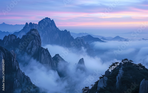 Scenery of clouds, sea, fog and pine trees in Huangshan, Anhui, China,created with Generative AI tecnology.