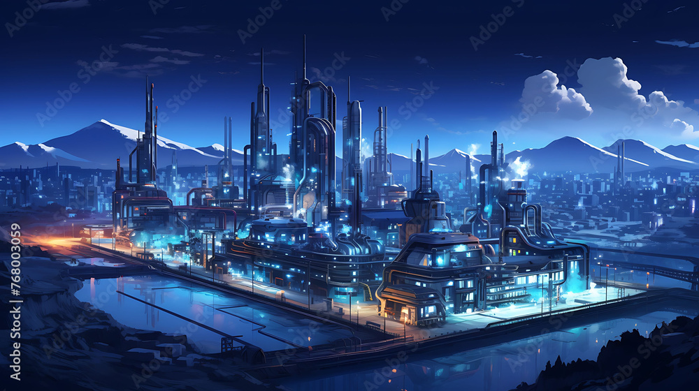 A sprawling industrial complex at night with vibrant city lights in the background.