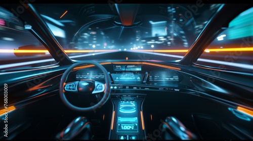 Futuristic car cockpit. Autonomous car. Driverless vehicle. HUD(Head up display). GUI(Graphical User Interface). IoT - Internet of Things.