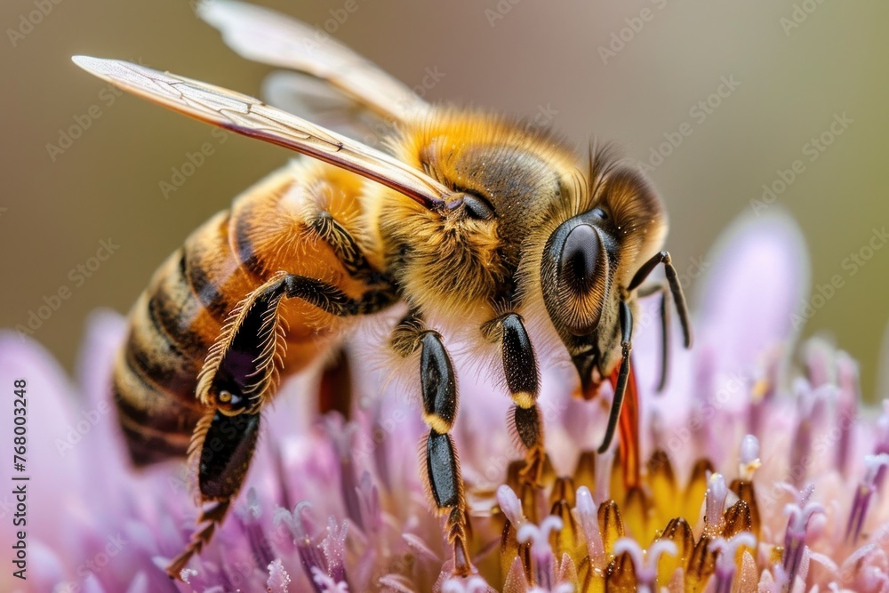 Extreme close-up of a honeybee collecting nectar from pink blossoms. Extreme close-up of a honeybee collecting nectar from pink blossoms.