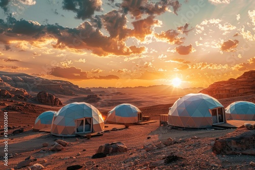 Geodesic dome tents in a desert landscape at sunset with mountains in the background.