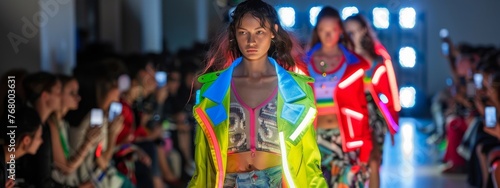 Contemporary fashion show inspired by 80s punk culture, featuring smart fabrics and LED accessories. photo