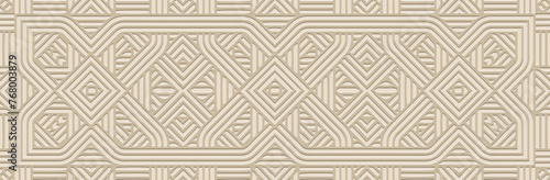 Banner. Relief geometric decorative 3D pattern, ornamental figures with lines on a light background. Tribal cover design in the ethnic traditions of the East, Asia, India, Mexico, Aztec, Peru.