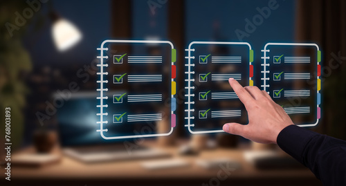Tableau sur toile hand interacts with hologram of documents check list