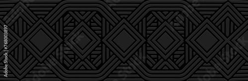 Banner. Relief geometric artistic 3D pattern, ornamental figures with lines on a black background. Tribal cover design in the ethnic traditions of the East, Asia, India, Mexico, Aztec, Peru.
