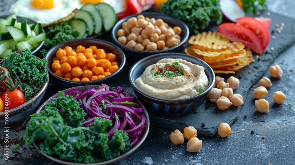 an image of a variety of healthy snacks including kale chips, roasted chickpeas, and sliced vegetables with hummus, arranged neatly on a natural stone surface. an image of a variety of healthy snacks including kale chips, roasted chickpeas, and sliced vegetables with hummus, arranged neatly on a natural stone surface.