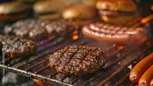 Close-up of burgers and sausages cooking on grill. Food preparation and leisure concept. Image for culinary blog, outdoor event promotion photo