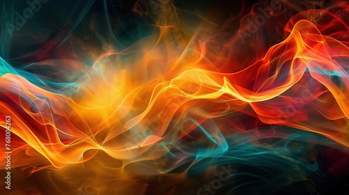 Vibrant abstract composition depicting dynamic flame-like waves intertwined with futuristic tech elements