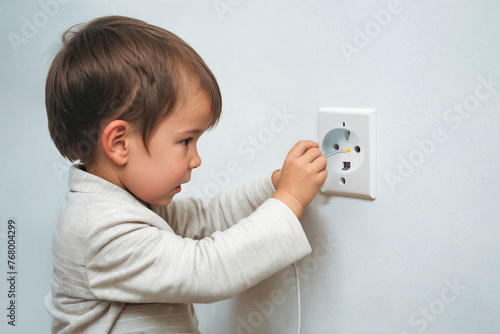 Child sticks electric wire into wall socket, danger of electric shock, Film grain effect