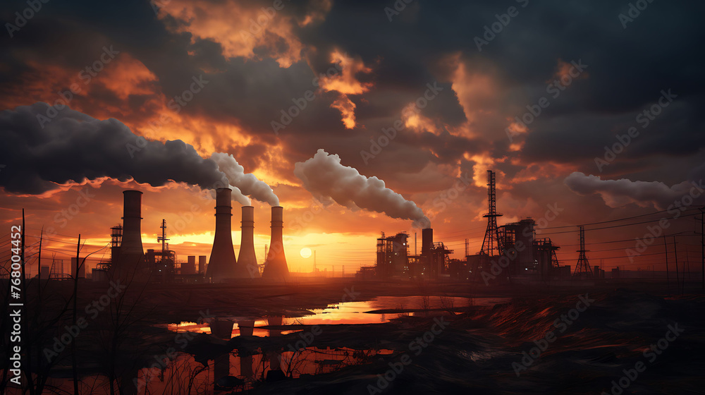 A vast industrial landscape with towering smokestacks against a dramatic sunset sky.