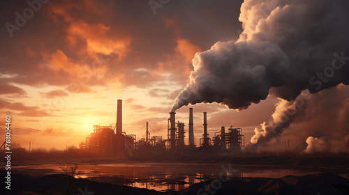 A vast industrial landscape with towering smokestacks against a dramatic sunset sky.