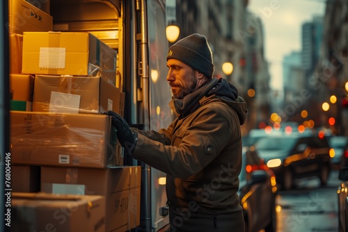 Delivery person sorting packages in a vehicle