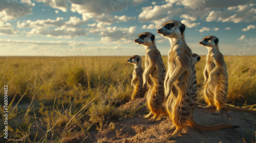 A group of four meerkats standing on a dirt hillside photo