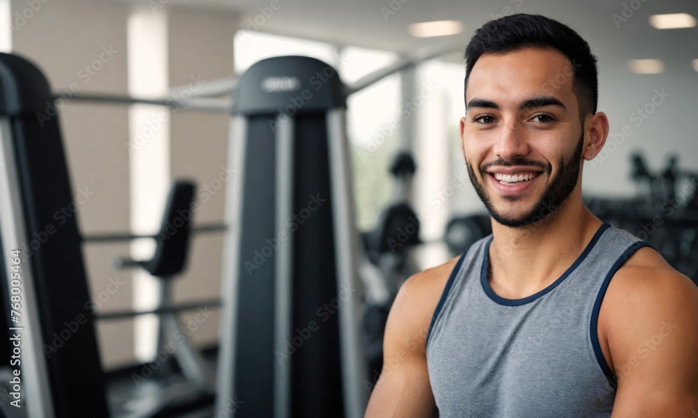 Happy smiling Portrait of the young man at gym background, workout
Happy smiling Portrait of the young man at gym background, workout