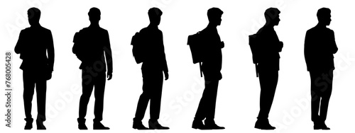 Vector concept conceptual black silhouette of a young man with a backpack from different perspectives isolated on white background. A metaphor for youth, learning, education and lifestyle