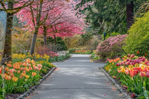 Picturesque pathway lined with blooming trees and flowers in pastel colours.