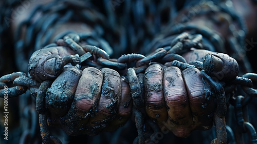 dramatic photo of knuckles and wrists wrapped in chains,generative ai