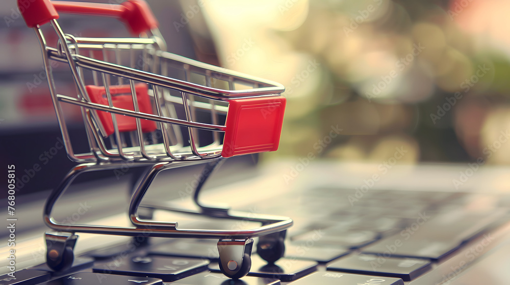 Red empty metal shopping cart sits in a supermarket aisle Red empty metal shopping cart sits in a supermarket aisle
