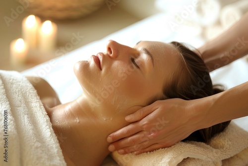 Woman receiving neck massage in a spa setting