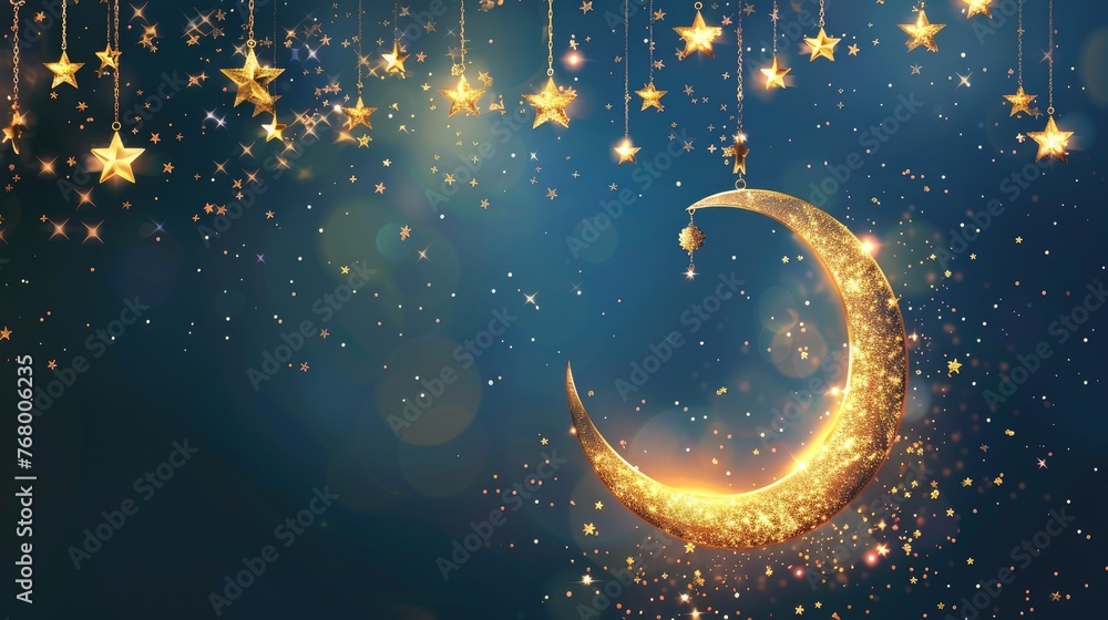 Fototapeta premium Eid with an image featuring a crescent moon and stars, symbolizing the sighting of the new moon and the anticipation.
