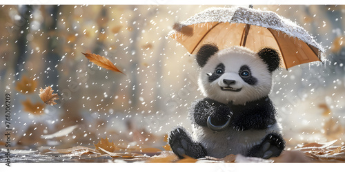 Cute Panda with Umbrella in rain .HD wallpaper photo
