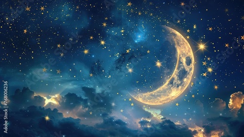 Eid with an image featuring a crescent moon and stars, symbolizing the sighting of the new moon and the anticipation.
