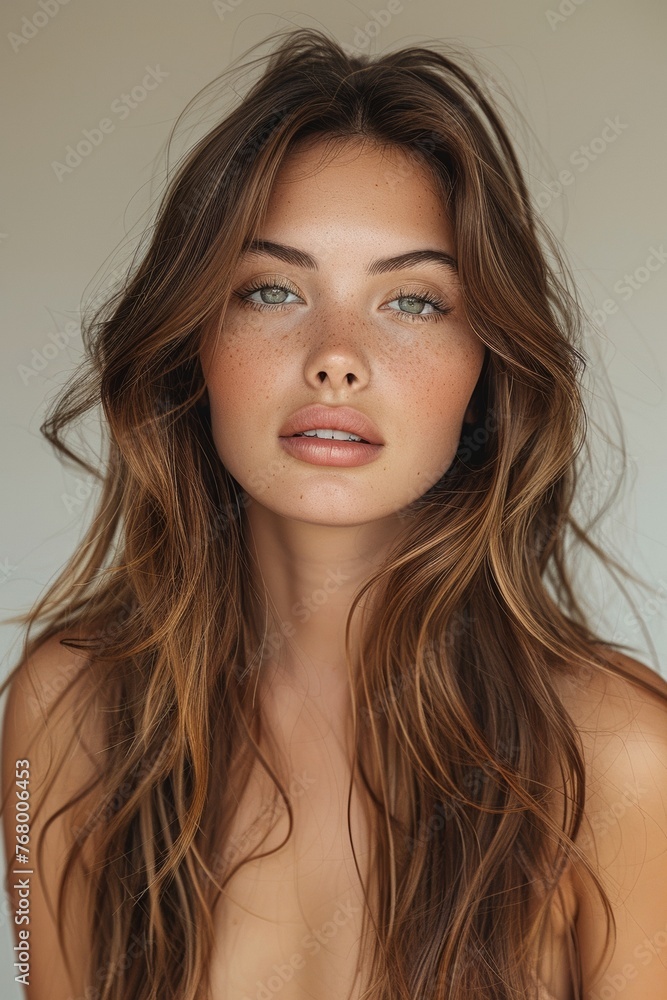 A natural, alluring woman with freckled skin and wavy hair in a glamorous portrait. A natural, alluring woman with freckled skin and wavy hair in a glamorous portrait.