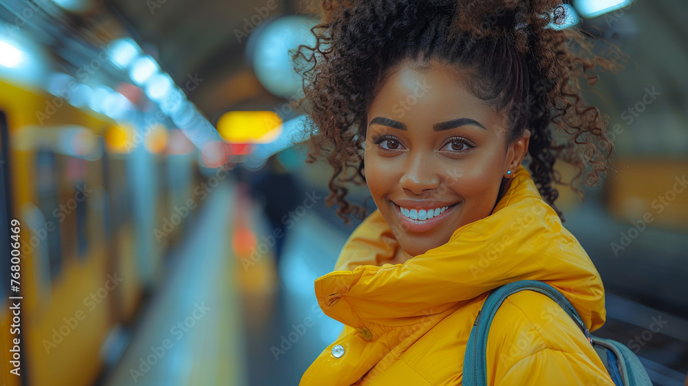 Beautiful fashionable black woman standing at a subway train station. She is happy and talking to someone on her smart phone.generative ai