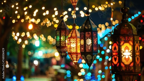 A group of arabic candle lanterns enlighten the festive atmosphere of Eid with an image of colorful decorations, twinkling lights, and vibrant bunting adorning homes and streets.