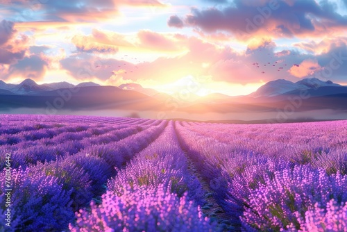 Lavender,blue sky,sunny,white clouds floating,creating a fresh spring atmosphere.