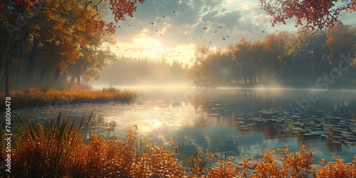A misty autumn morning by the pond, reflecting orange hues under the rising sun. © Andrii Zastrozhnov