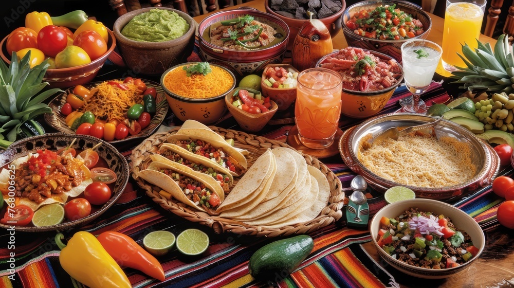 culinary delights of Cinco de Mayo with a table overflowing with traditional Mexican dishes such as tacos, enchiladas, guacamole, and margaritas,in a fiesta of flavors and spices.