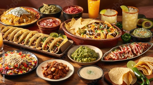 culinary delights of Cinco de Mayo with a table overflowing with traditional Mexican dishes such as tacos, enchiladas, guacamole, and margaritas,in a fiesta of flavors and spices.