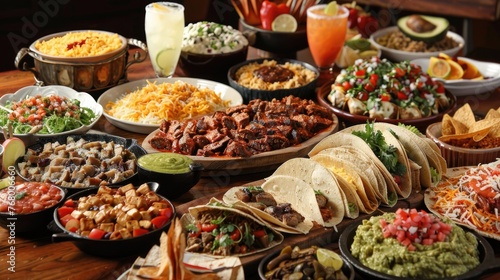 culinary delights of Cinco de Mayo with a table overflowing with traditional Mexican dishes such as tacos, enchiladas, guacamole, and margaritas,in a fiesta of flavors and spices. photo