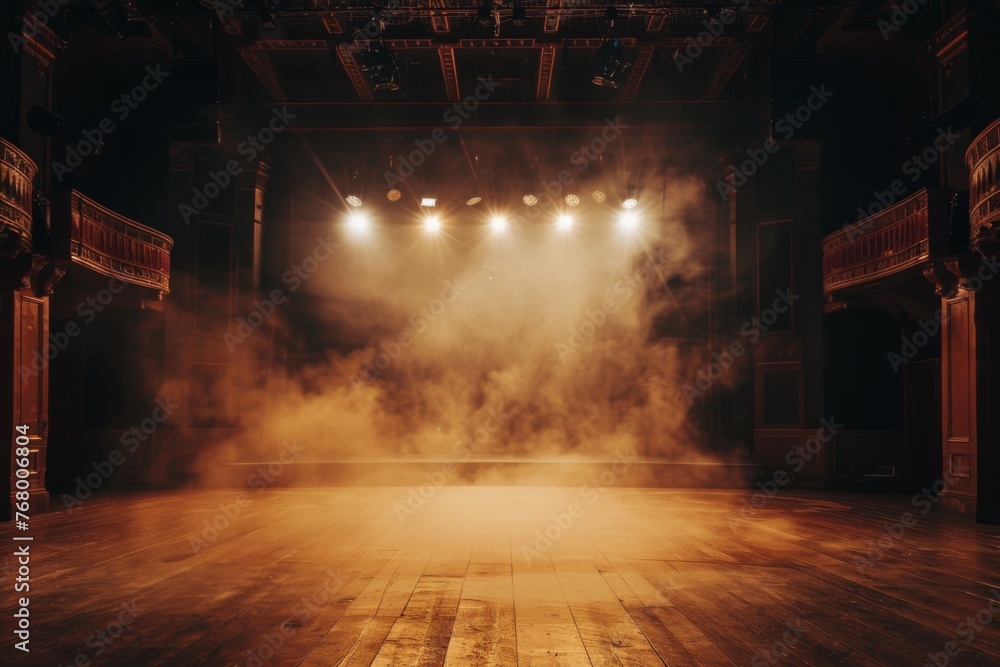 The dark room of the theater with spotlights and smoke, in a vintage retro style, empty stage for a show or presentation Generative AI - obrazy, fototapety, plakaty 