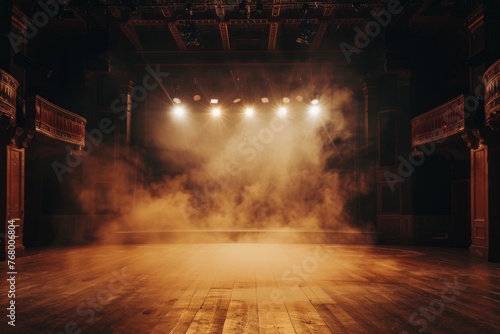 The dark room of the theater with spotlights and smoke, in a vintage retro style, empty stage for a show or presentation Generative AI photo