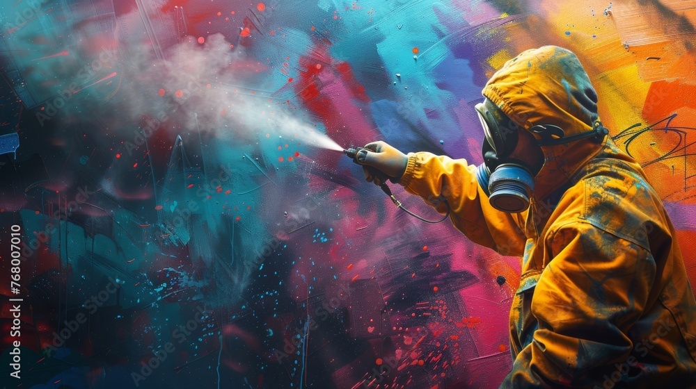 Graffiti artist with mask in a colorful scene, generating ai Graffiti artist with mask in a colorful scene, generating ai