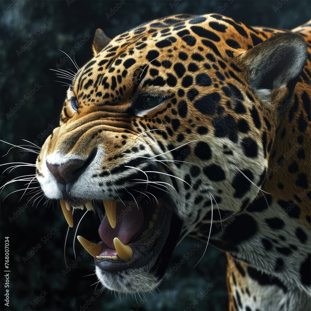 Fototapeta premium Jaguar snarling with open mouth in a dark environment jaguar,