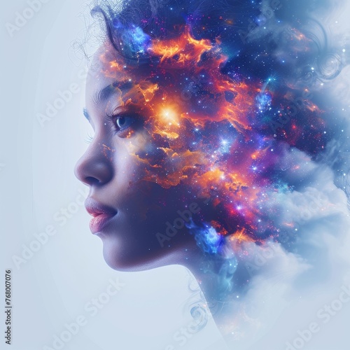 An enchanting and imaginative digital artwork showcasing a stunning woman overlaid with a dynamic burst of digital colors or cosmic design, crafted through artificial intelligence technology