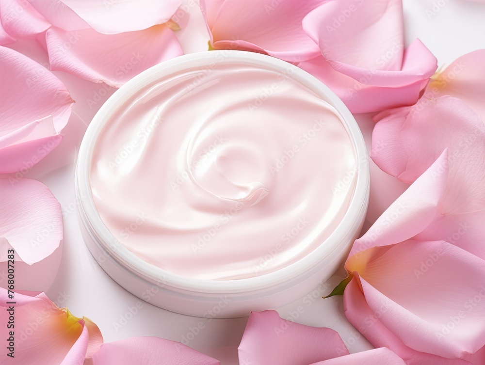 Pink cream in a white jar surrounded by rose petals Pink cream in a white jar surrounded by rose petals