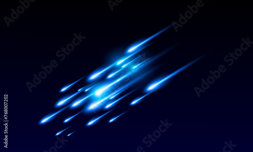 shining comet rain diagonal border with blue path falling down meteorite with bokeh effect.