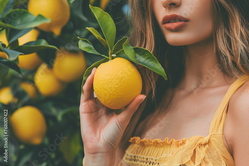 Closeup image of a woman holding and showing orange in the fruit garden photo